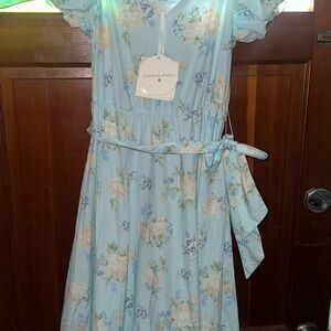 LoveShackFancy Light Blue Floral Midi Dress